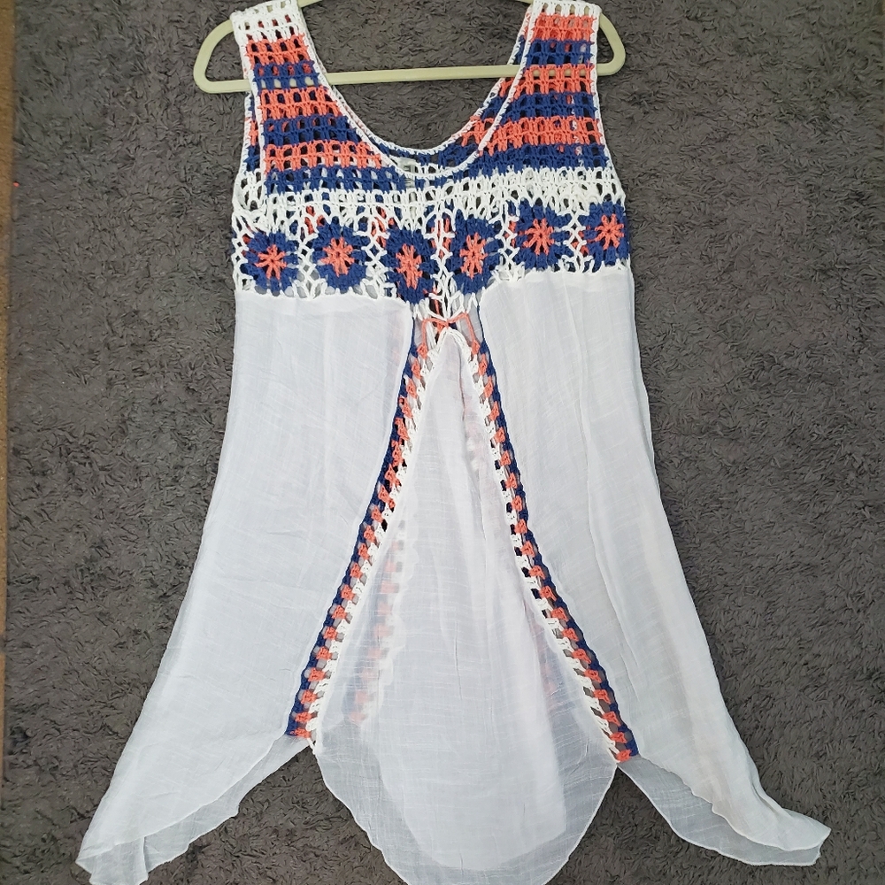 MT Collection White Pink Blue Knit Embroided Summer Swim Cover Up One Size